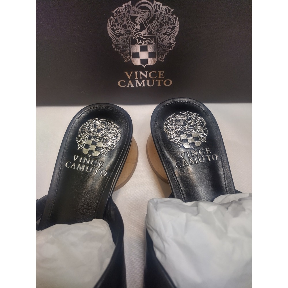 Vince Camuto Leana Black Leather Knotted Slide Sandals Wood Round Heel 5.5M - Picture 3 of 8
